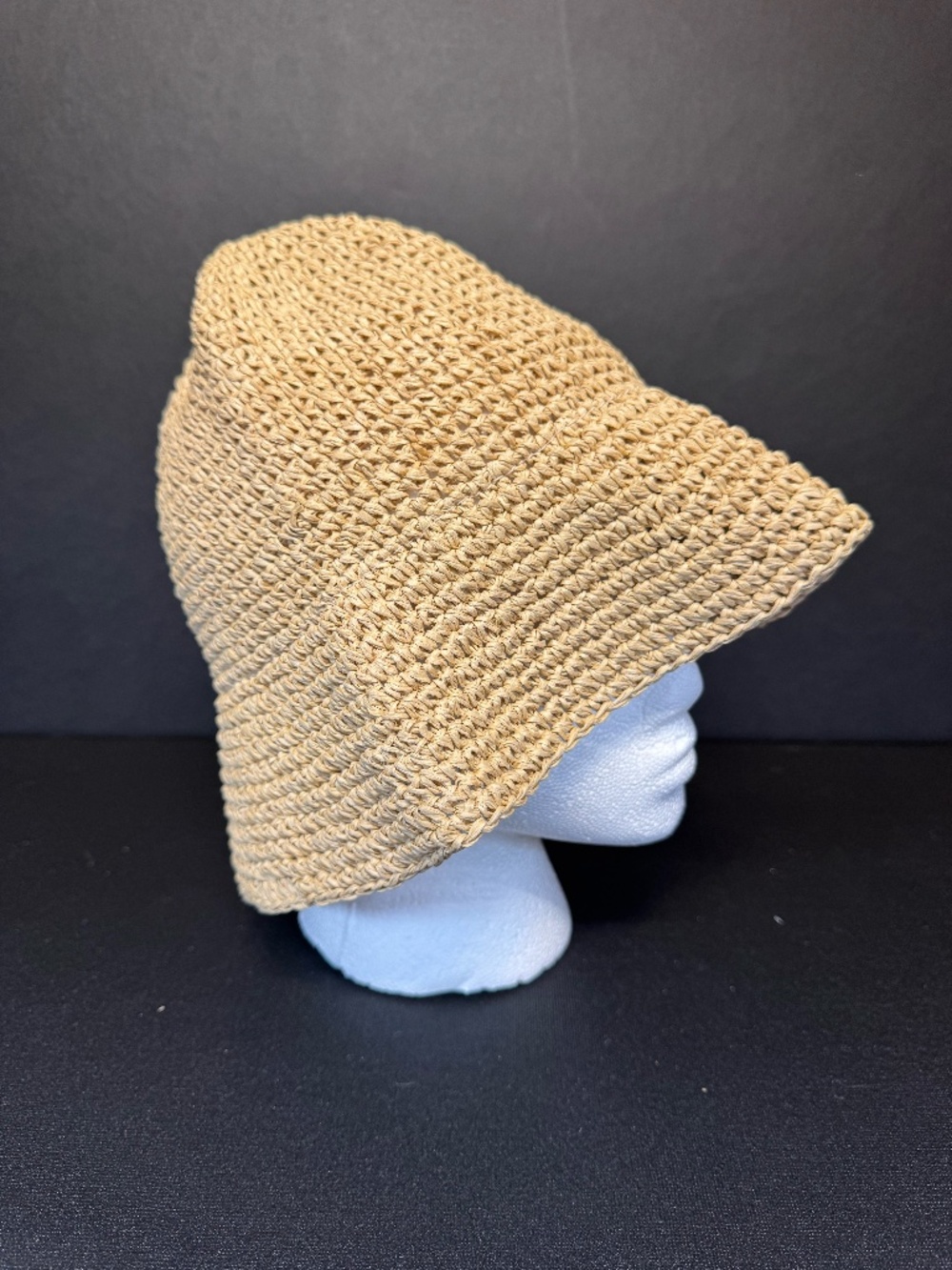 Crochet Paper Straw Bucket Hat Tan Wide Brim Sun Hat Boho Beach One Size
